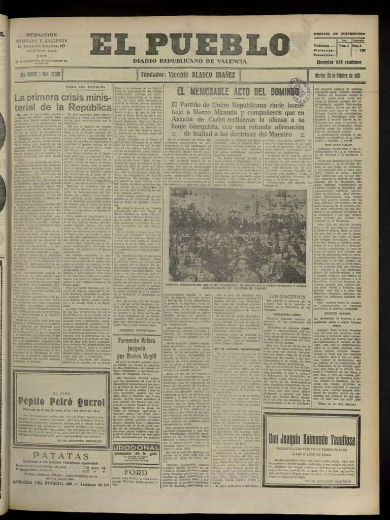 Miniatura de El Pueblo : Diario republicano de Valencia del 20 de octubre de 1931, nº 13.579