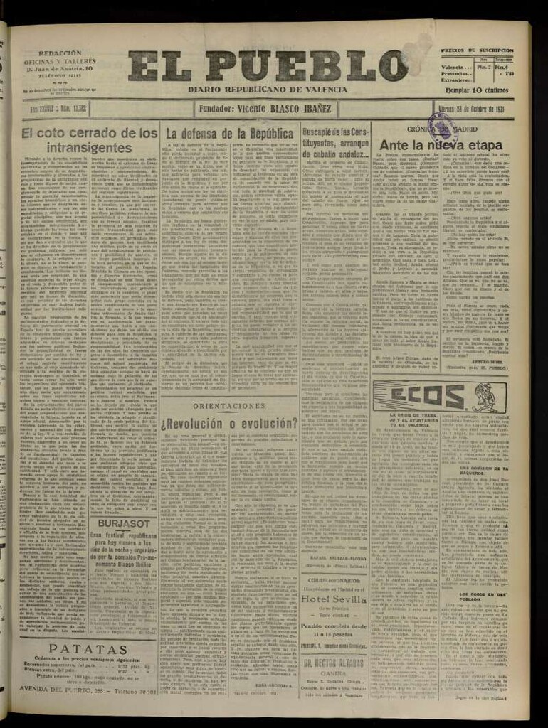 Miniatura de El Pueblo : Diario republicano de Valencia del 23 de octubre de 1931, nº 13.582