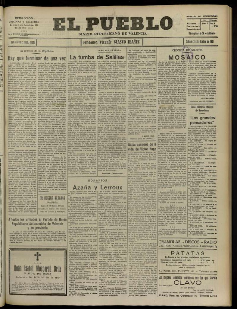 Miniatura de El Pueblo : Diario republicano de Valencia del 24 de octubre de 1931, nº 13.583