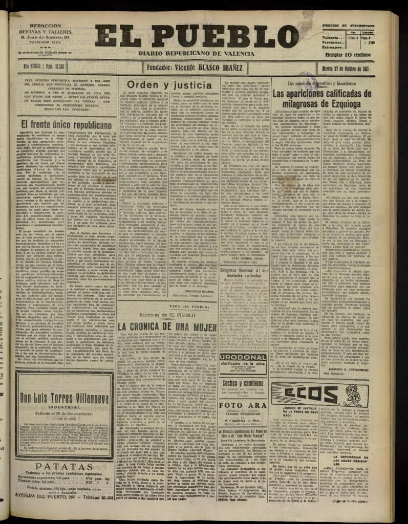 Miniatura de El Pueblo : Diario republicano de Valencia del 27 de octubre de 1931, nº 13.585