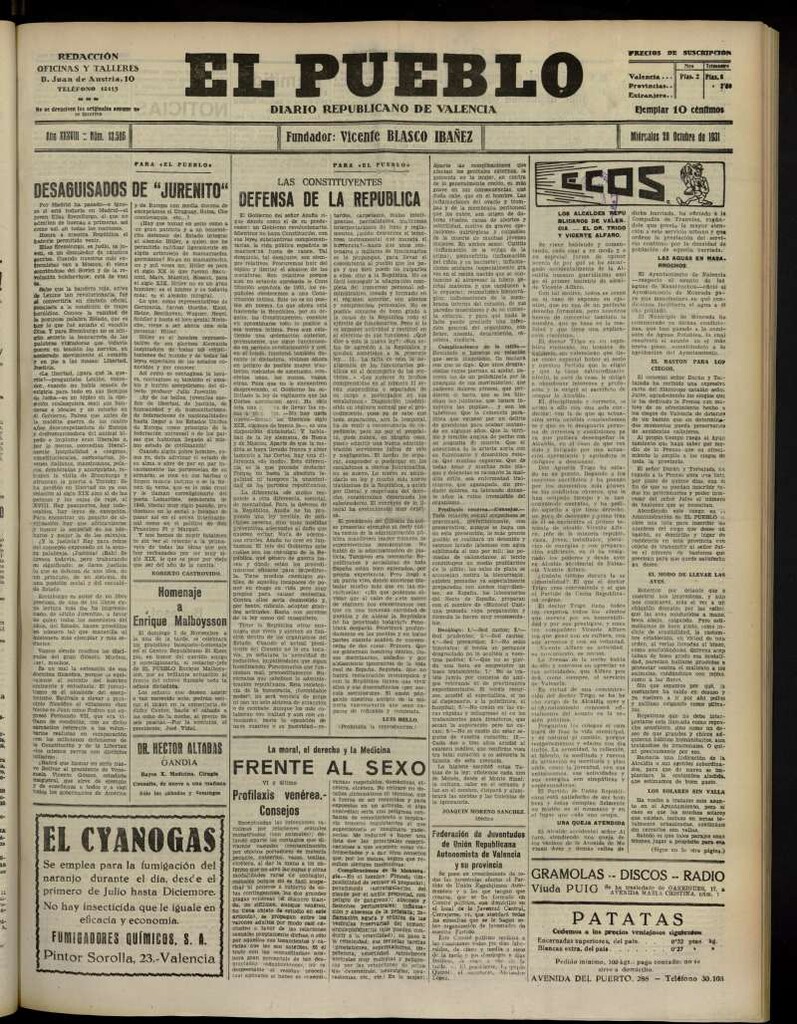 Miniatura de El Pueblo : Diario republicano de Valencia del 28 de octubre de 1931, nº 13.586
