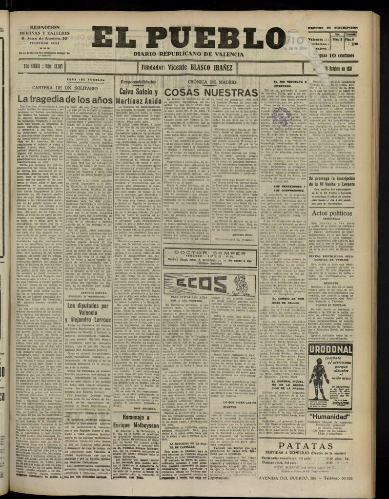 Miniatura de El Pueblo : Diario republicano de Valencia del 29 de octubre de 1931, nº 13.587