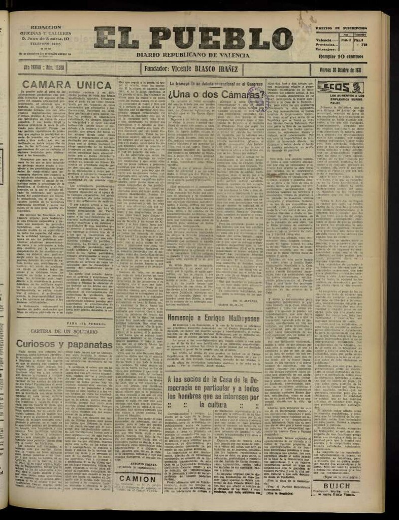 Miniatura de El Pueblo : Diario republicano de Valencia del 30 de octubre de 1931, nº 13.588