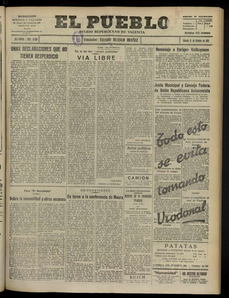 Miniatura de El Pueblo : Diario republicano de Valencia del 31 de octubre de 1931, nº 13.589