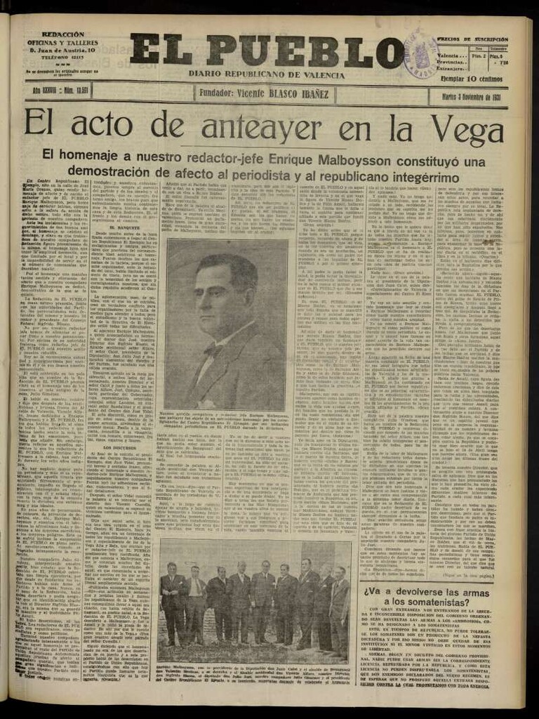 Miniatura de El Pueblo : Diario republicano de Valencia del 3 de noviembre de 1931, nº 13591