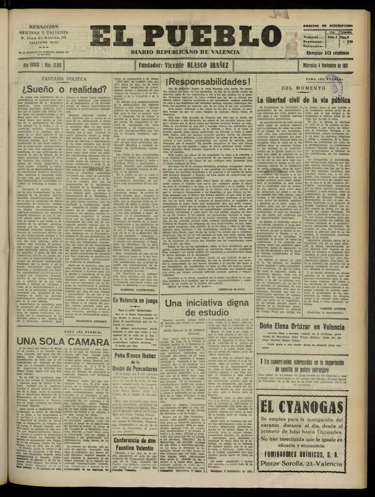 Miniatura de El Pueblo : Diario republicano de Valencia del 4 de noviembre de 1931, nº 13.592