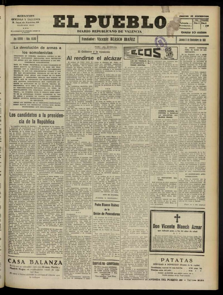 Miniatura de El Pueblo : Diario republicano de Valencia del 5 de noviembre de 1931, nº 13.593