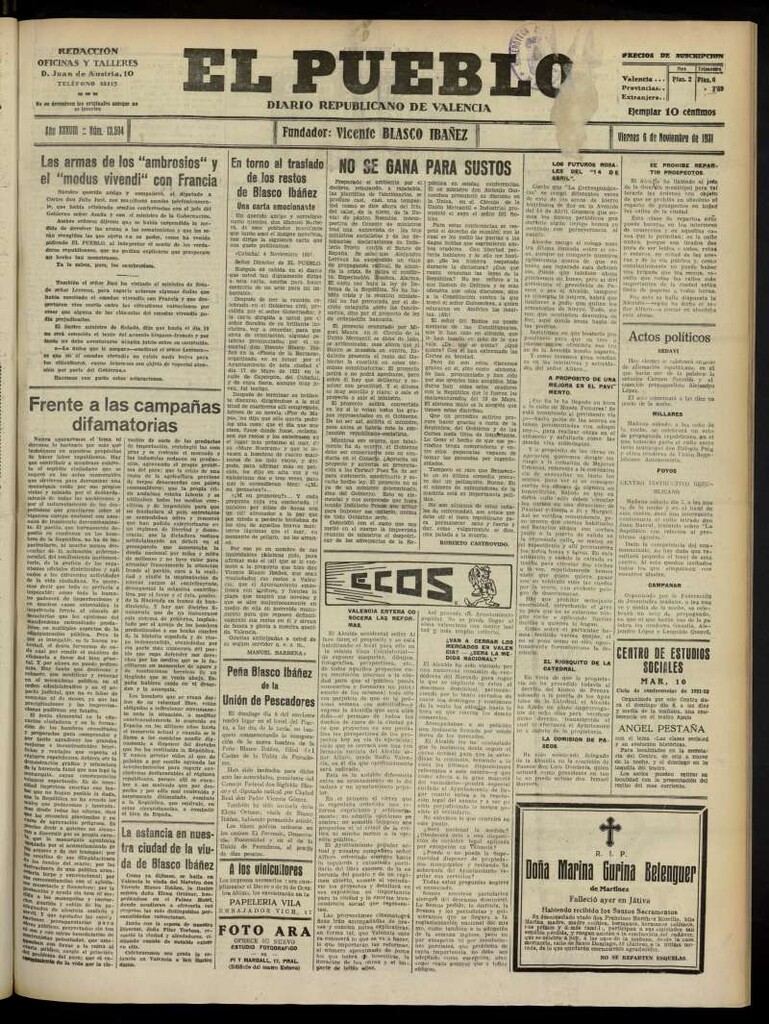 Miniatura de El Pueblo : Diario republicano de Valencia del 6 de noviembre de 1931, nº 13.594