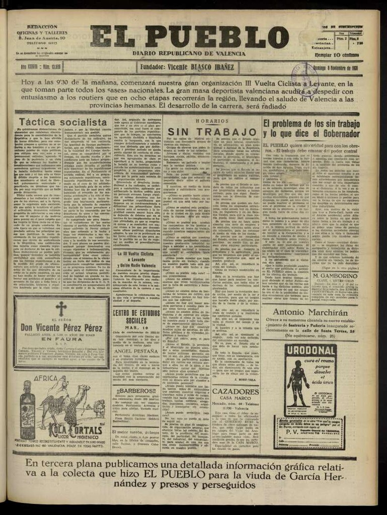 Miniatura de El Pueblo : Diario republicano de Valencia del 8 de noviembre de 1931, nº 13.596