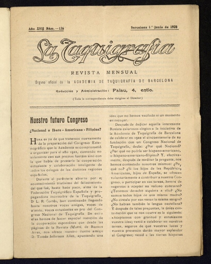 Miniatura de La Taquigrafía. Junio de 1920, nº 126