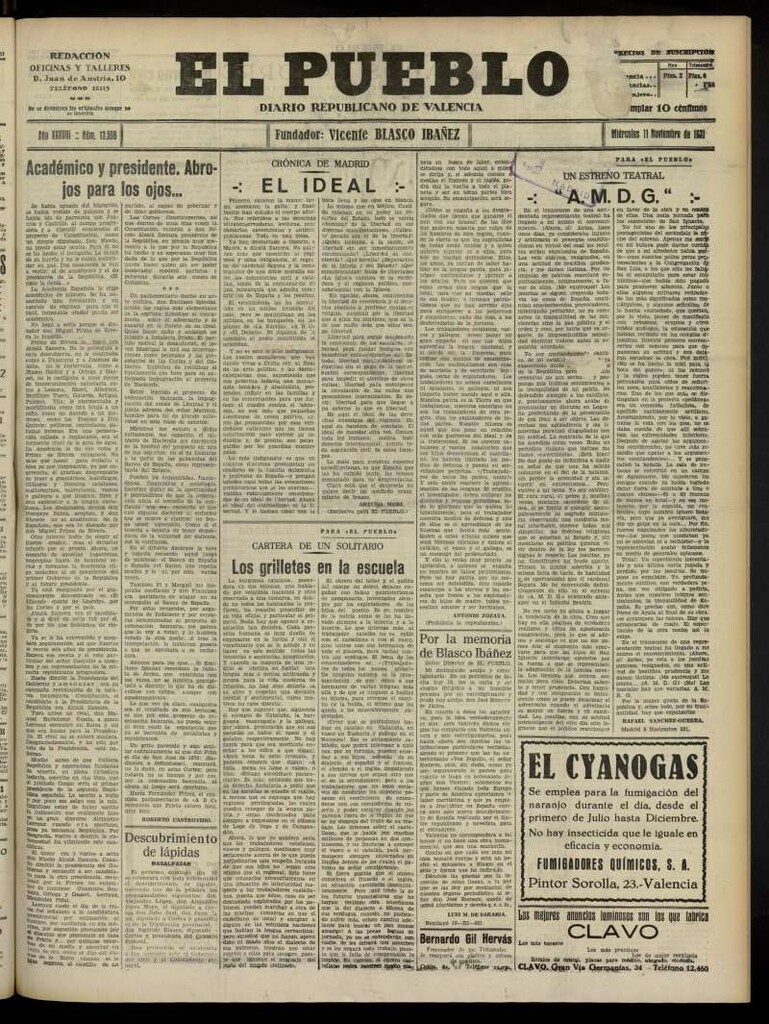 Miniatura de El Pueblo : Diario republicano de Valencia del 11 de noviembre de 1931, nº 13.598