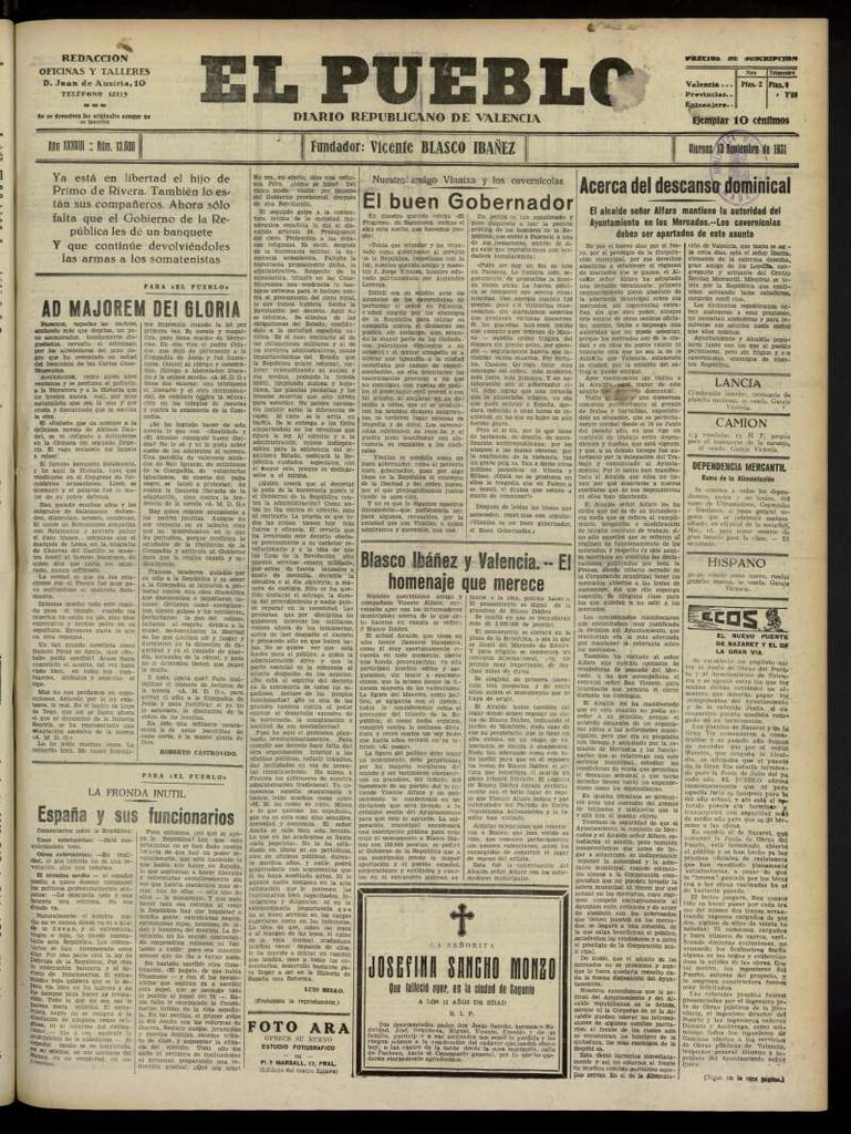 Miniatura de El Pueblo : Diario republicano de Valencia del 13 de noviembre de 1931, nº 13.600