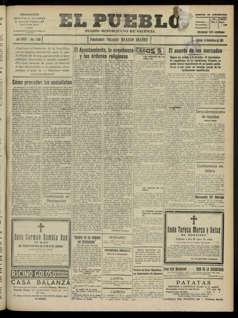 Miniatura de El Pueblo : Diario republicano de Valencia del 14 de noviembre de 1931, nº 13.601