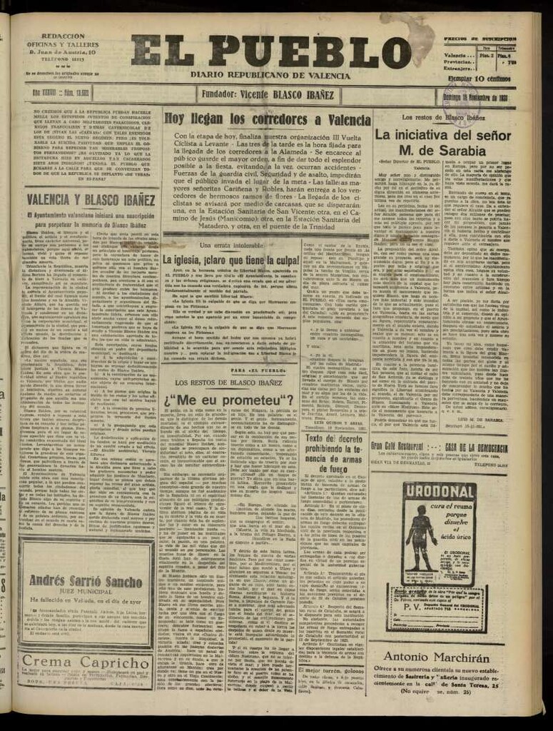 Miniatura de El Pueblo : Diario republicano de Valencia del 15 de noviembre de 1931,nº 13.602