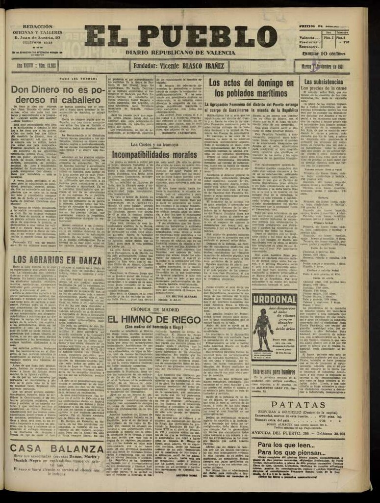Miniatura de El Pueblo : Diario republicano de Valencia del 17 de noviembre de 1931, nº 13.603