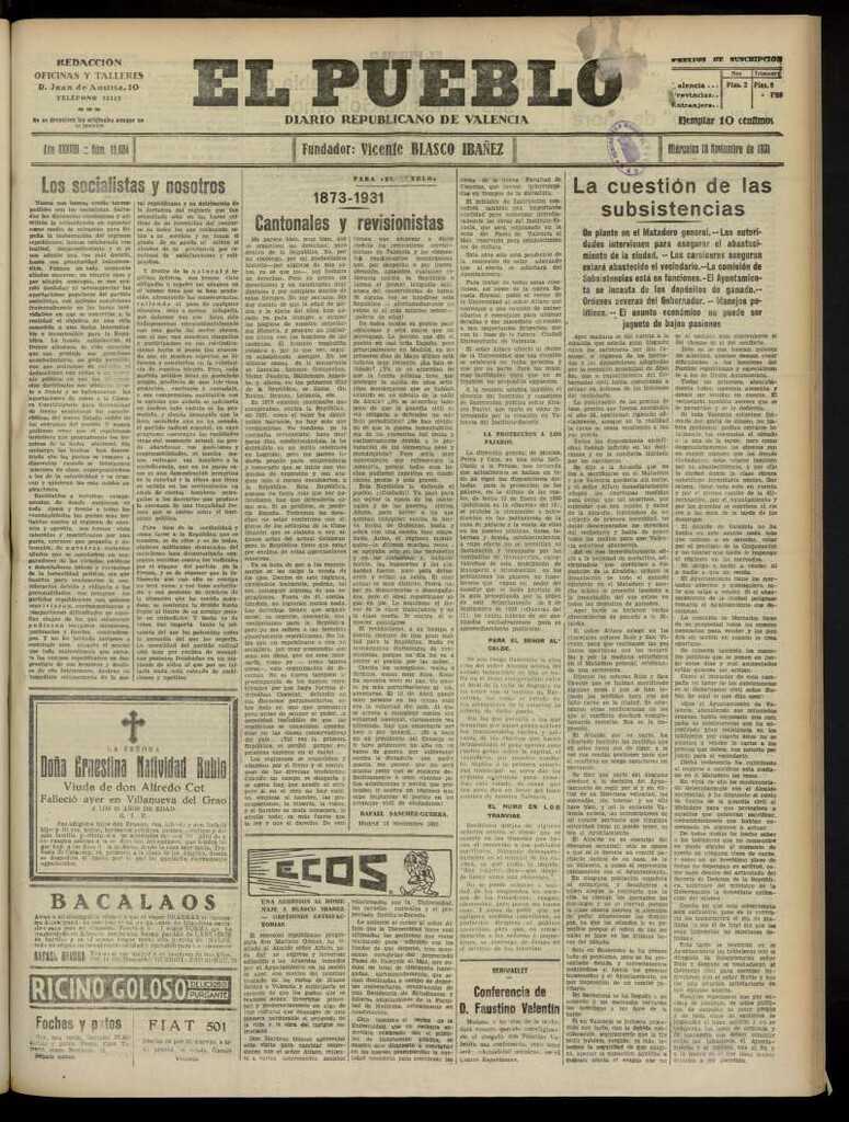 Miniatura de El Pueblo : Diario republicano de Valencia del 18 de noviembre de 1931, nº 13.603