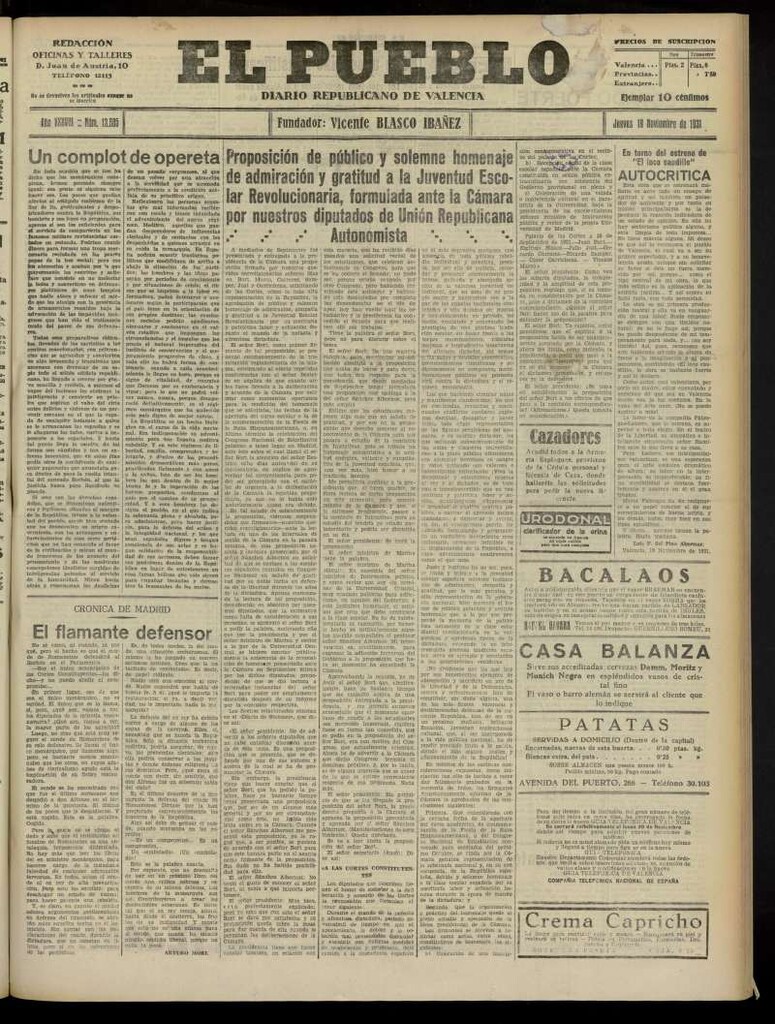 Miniatura de El Pueblo : Diario republicano de Valencia del 19 de noviembre de 1931, nº 13.605