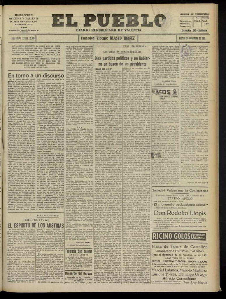 Miniatura de El Pueblo : Diario republicano de Valencia del 20 de noviembre de 1931, nº 13.606