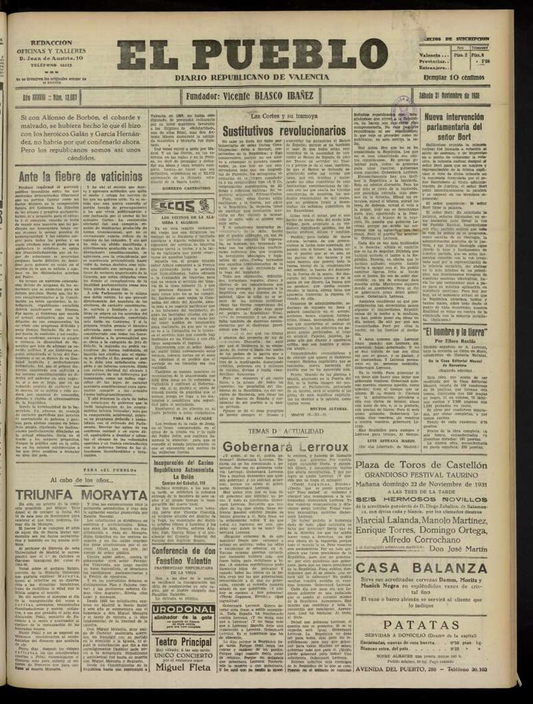 Miniatura de El Pueblo : Diario republicano de Valencia del 21 de noviembre de 1931, nº 13.607