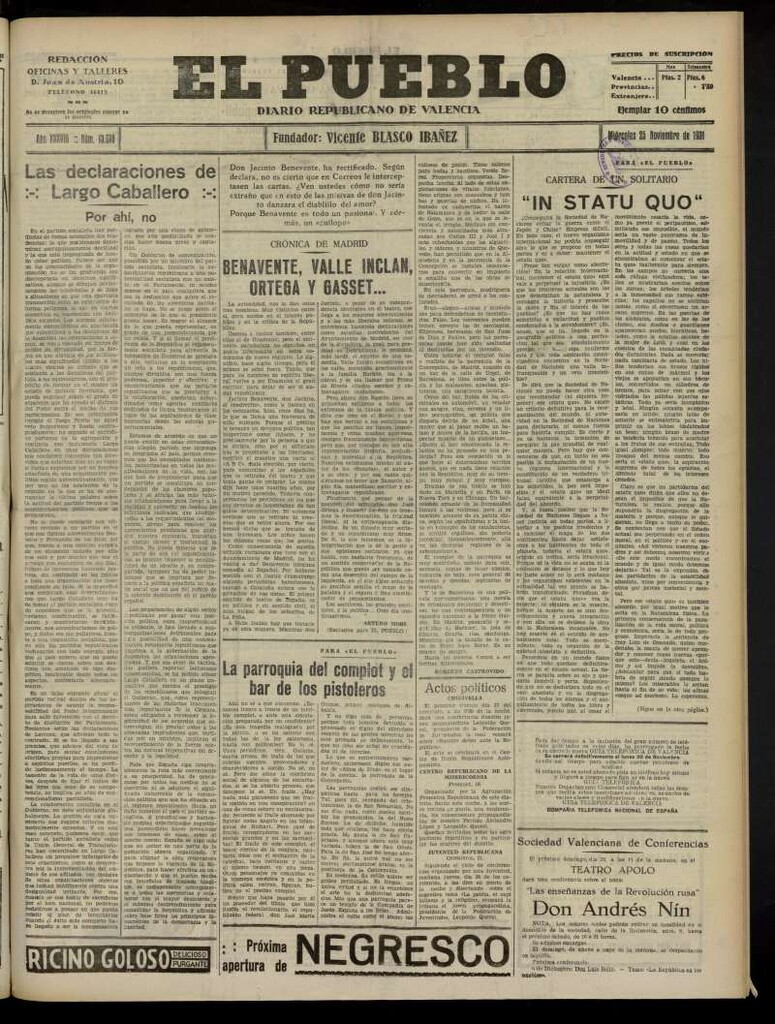 Miniatura de El Pueblo : Diario republicano de Valencia del 25 de noviembre de 1931, nº 13.610