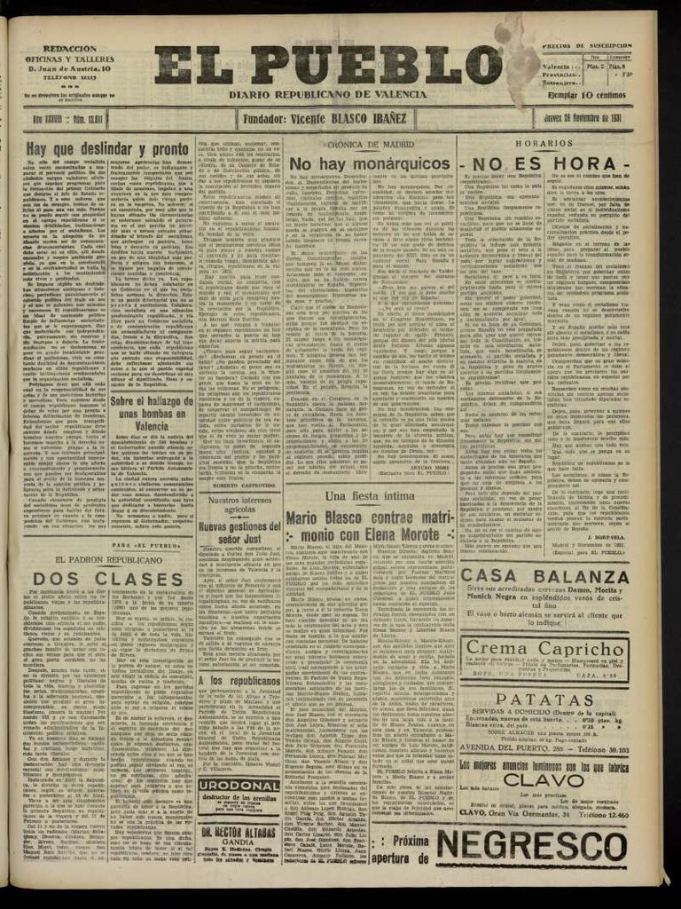 Miniatura de El Pueblo : Diario republicano de Valencia del 26 de noviembre de 1931, nº 13.611