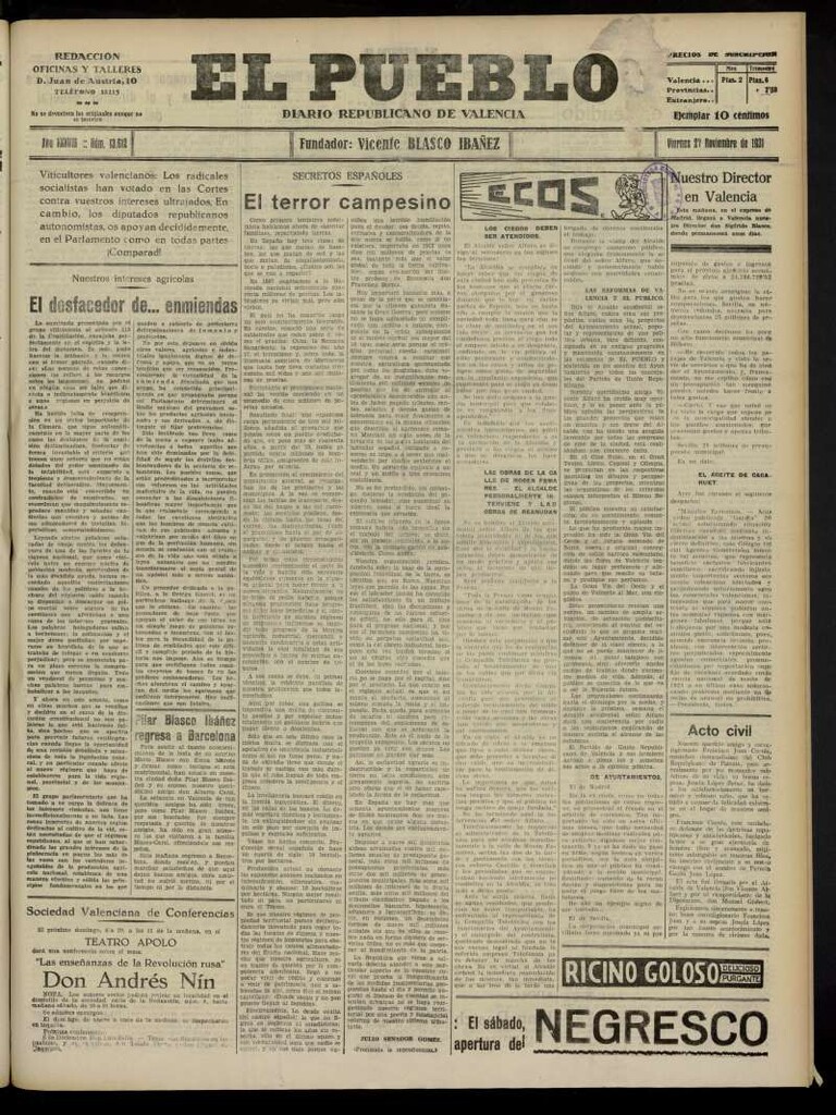 Miniatura de El Pueblo : Diario republicano de Valencia del 27 de noviembre de 1931, nº 13.612