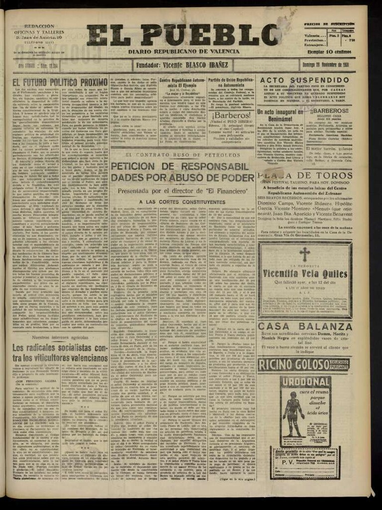 Miniatura de El Pueblo : Diario republicano de Valencia del 29 de noviembre de 1931, nº 13.614