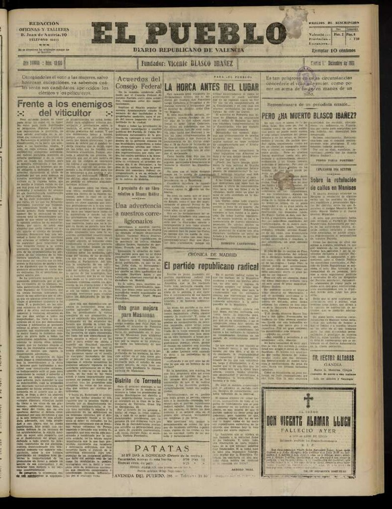 Miniatura de El Pueblo : Diario republicano de Valencia del 1 de diciembre de 1931, nº 13.615