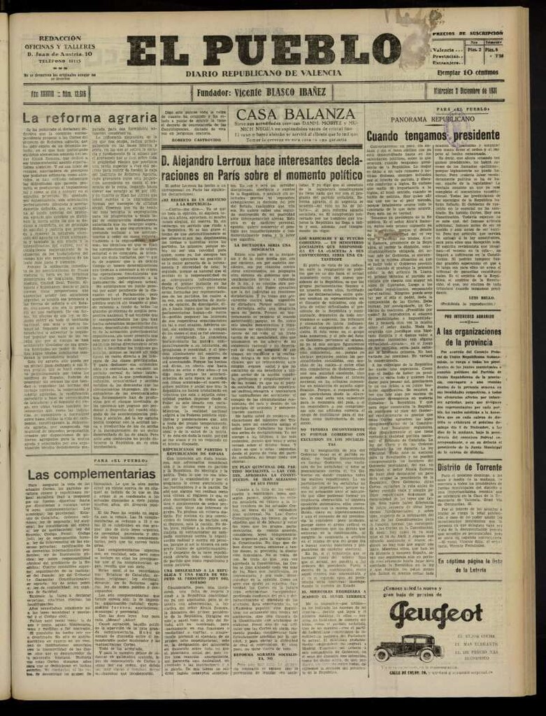Miniatura de El Pueblo : Diario republicano de Valencia del 2 de diciembre de 1931, nº 13.616