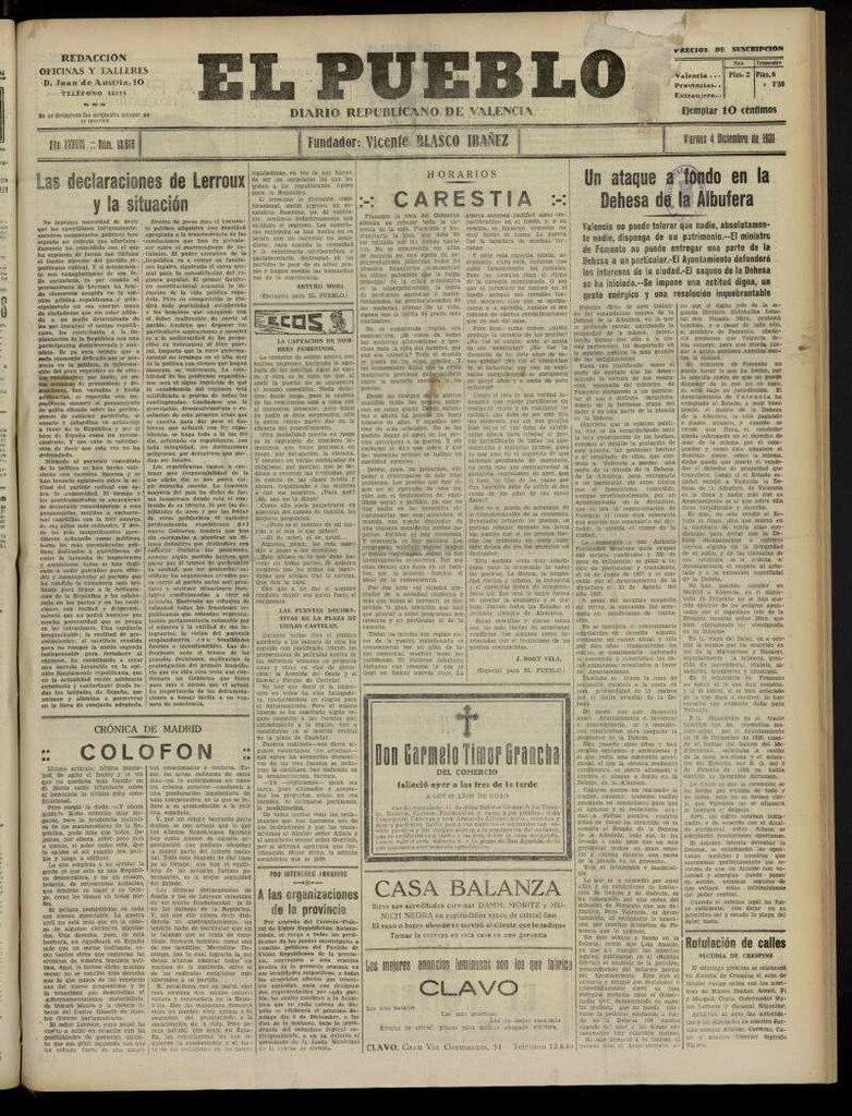 Miniatura de El Pueblo : Diario republicano de Valencia del 4 de diciembre de 1931, nº 13.618