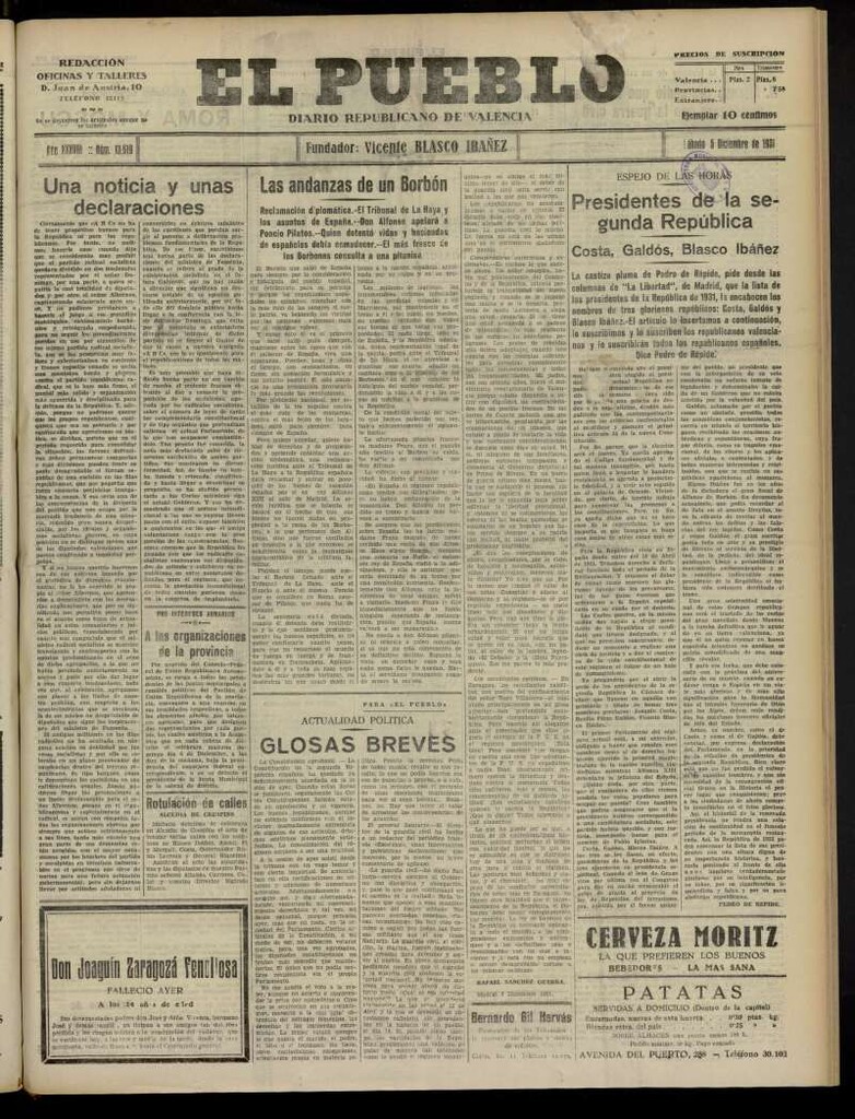 Miniatura de El Pueblo : Diario republicano de Valencia del 5 de diciembre de 1931, nº 13.619