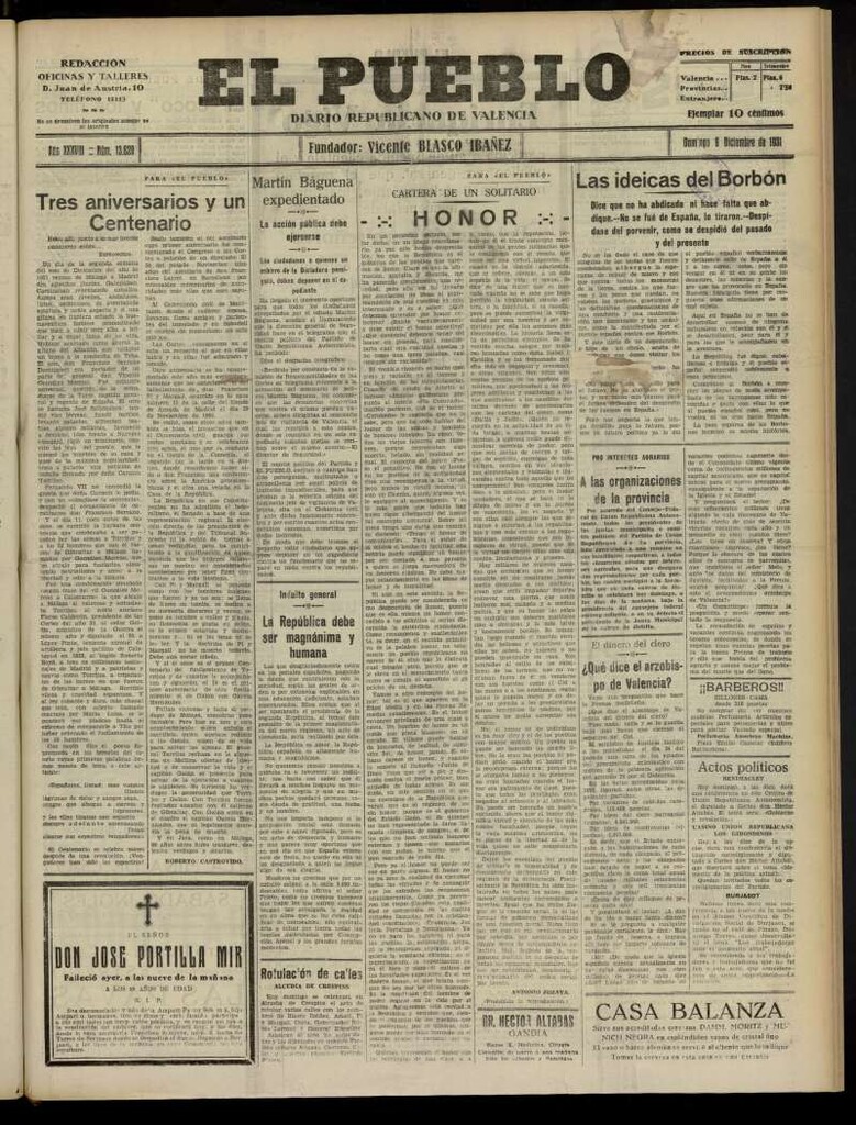 Miniatura de El Pueblo : Diario republicano de Valencia del 6 de diciembre de 1931, nº13.620