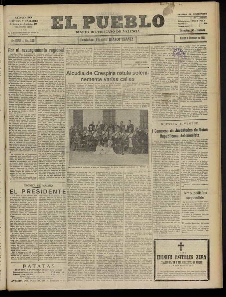Miniatura de El Pueblo : Diario republicano de Valencia del 8 de diciembre de 1931, nº13.621