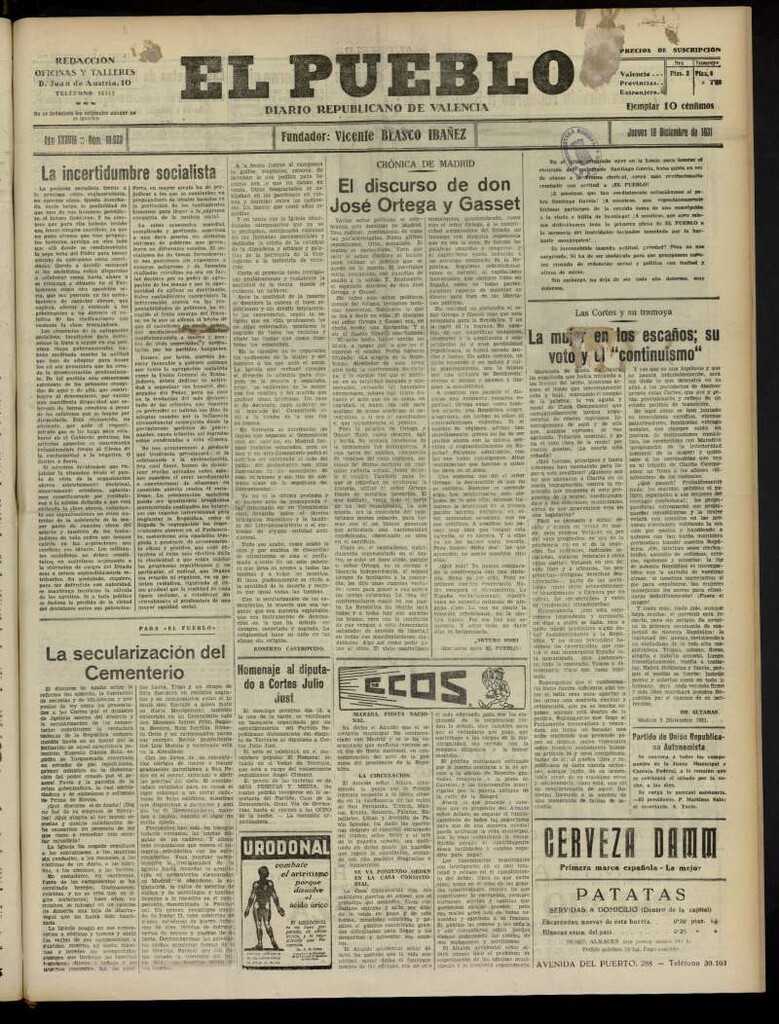 Miniatura de El Pueblo : Diario republicano de Valencia del 10 de diciembre de 1931, nº13.623