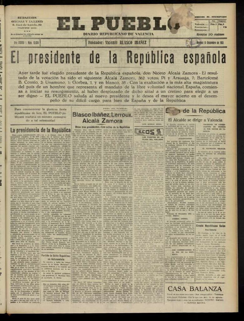 Miniatura de El Pueblo : Diario republicano de Valencia del 11 de diciembre de 1931, nº13.624