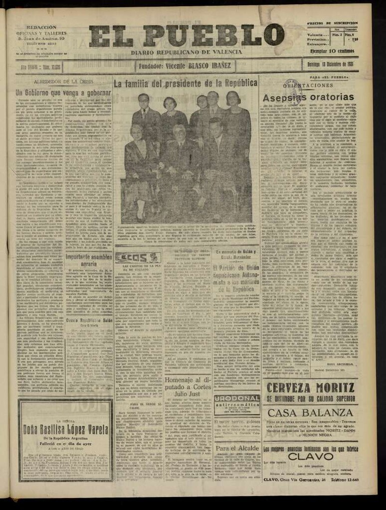 Miniatura de El Pueblo : Diario republicano de Valencia del 13 de diciembre de 1931, nº13.626
