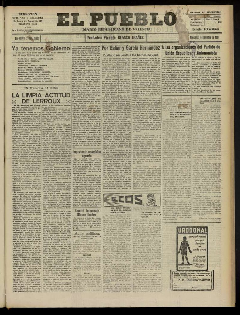 Miniatura de El Pueblo : Diario republicano de Valencia del 16 de diciembre de 1931, nº13.628