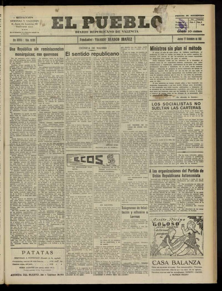 Miniatura de El Pueblo : Diario republicano de Valencia del 17 de diciembre de 1931, nº13.629