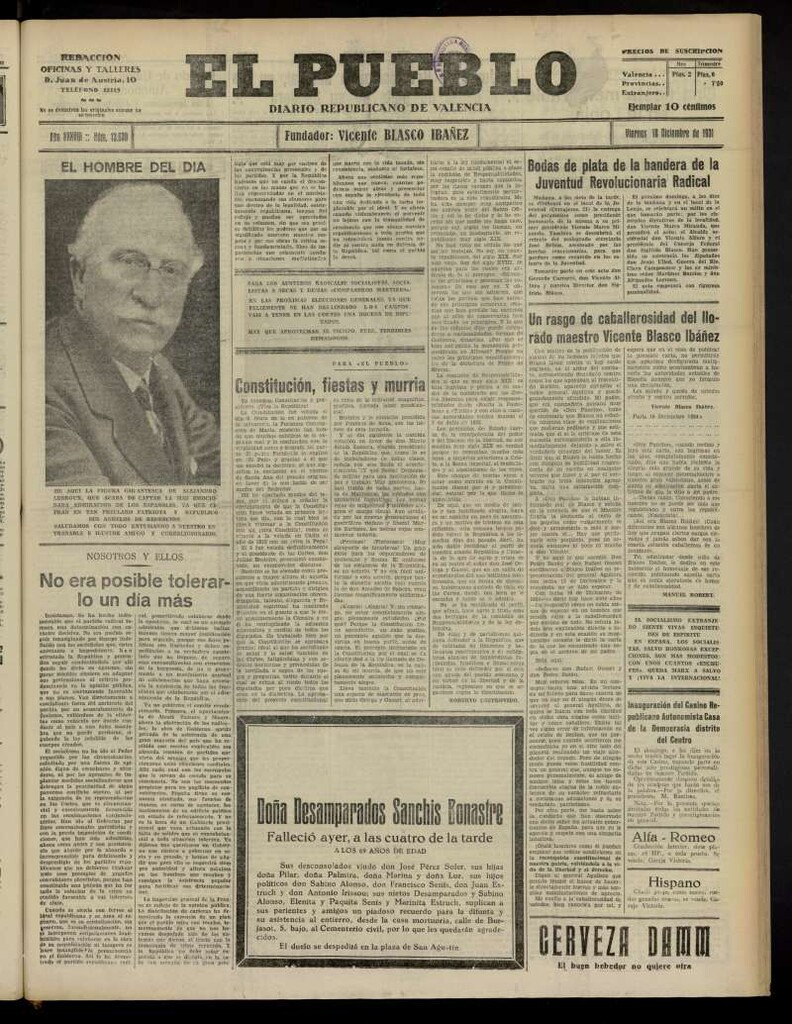 Miniatura de El Pueblo : Diario republicano de Valencia del 18 de diciembre de 1931, nº13.630