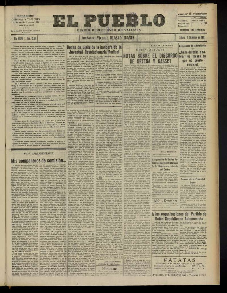 Miniatura de El Pueblo : Diario republicano de Valencia del 19 de diciembre de 1931, nº13.631