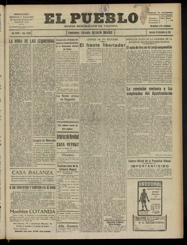 Miniatura de El Pueblo : Diario republicano de Valencia del 20 de diciembre de 1931, nº13.632