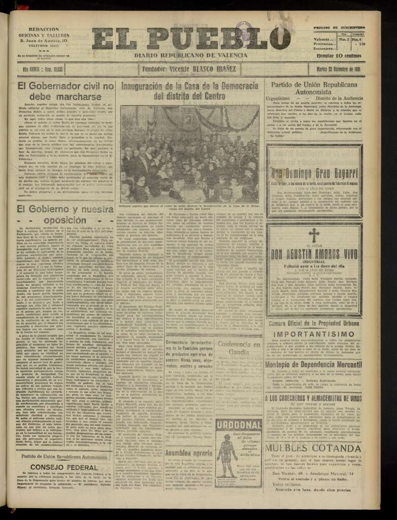 Miniatura de El Pueblo : Diario republicano de Valencia del 22 de diciembre de 1931, nº13.633