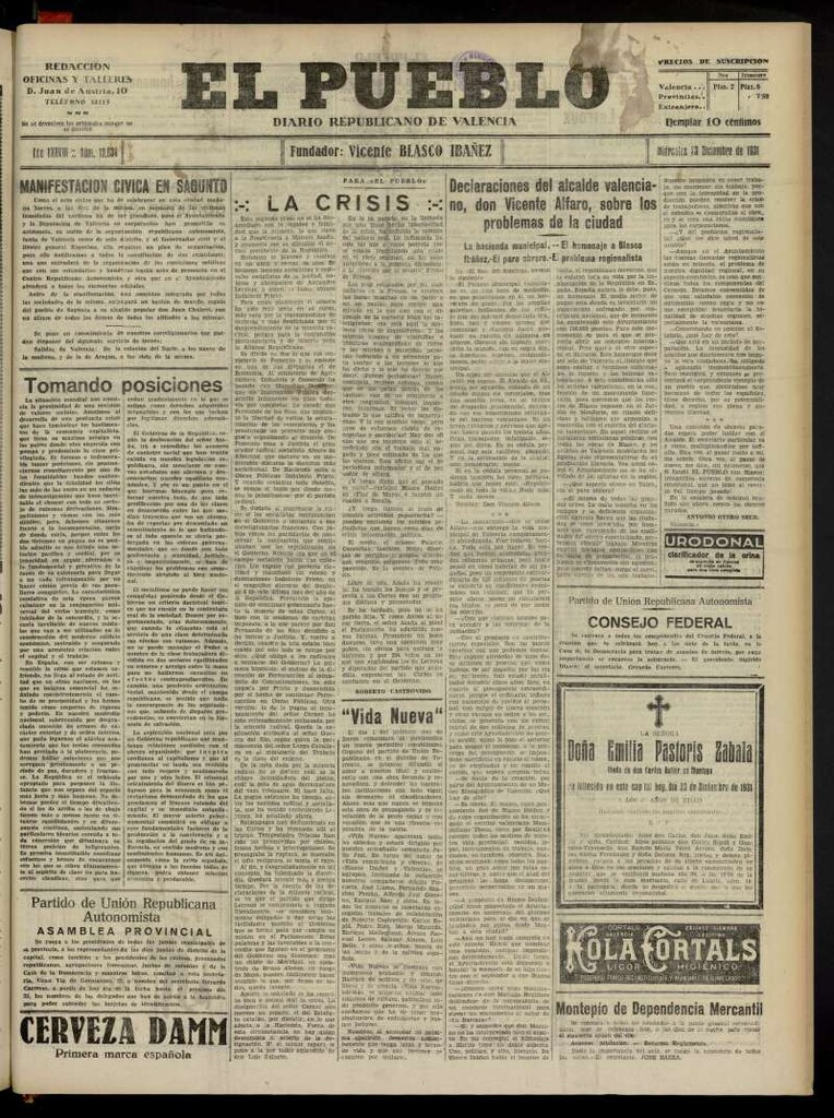 Miniatura de El Pueblo : Diario republicano de Valencia del 23 de diciembre de 1931, nº13.634
