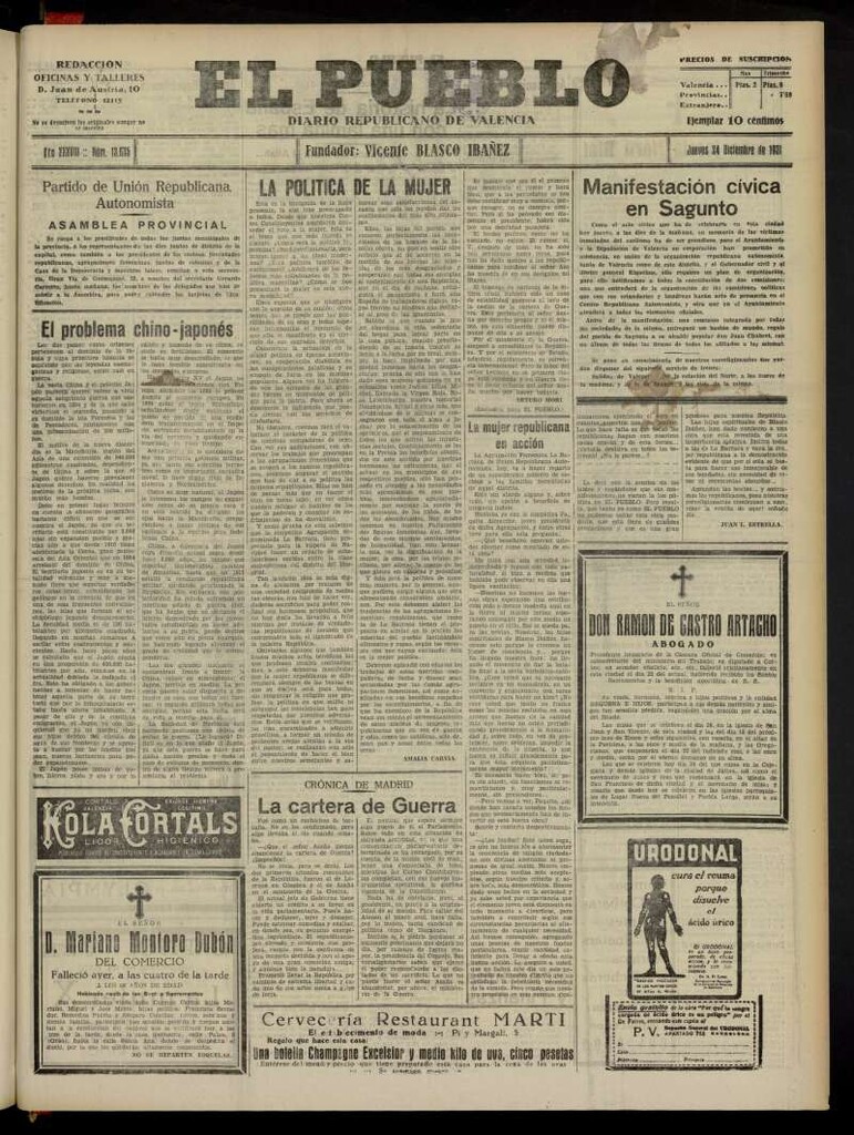 Miniatura de El Pueblo : Diario republicano de Valencia del 24 de diciembre de 1931, nº13.635