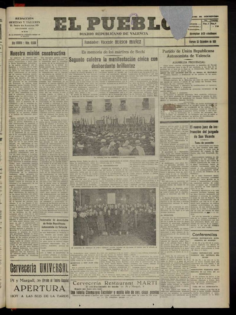Miniatura de El Pueblo : Diario republicano de Valencia del 25 de diciembre de 1931, nº13.636
