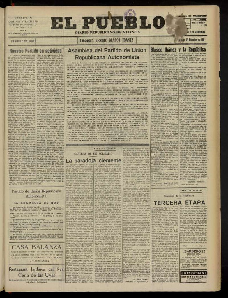 Miniatura de El Pueblo : Diario republicano de Valencia del 27 de diciembre de 1931, nº13.638