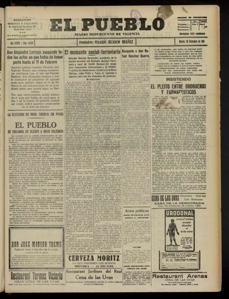 Miniatura de El Pueblo : Diario republicano de Valencia del 29 de diciembre de 1931, nº13.639