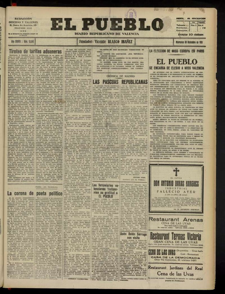 Miniatura de El Pueblo : Diario republicano de Valencia del 30 de diciembre de 1931, nº 13.640