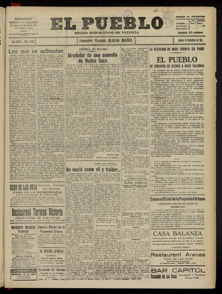 Miniatura de El Pueblo : Diario republicano de Valencia del 31 de diciembre de 1931, nº13.641