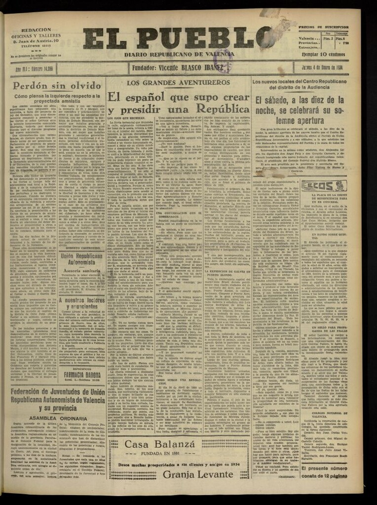 Miniatura de El Pueblo : Diario republicano de Valencia del 4 de enero de 1934, nº 14.269